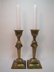 LIONS HEAD Brass Pair Decorative Arts Candlesticks Fluted 4 Sided Candle Holders