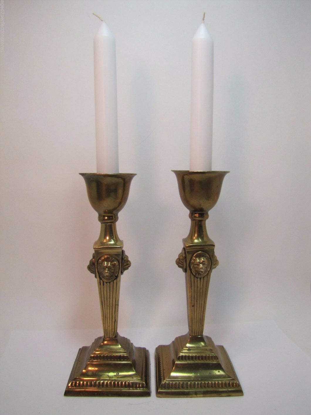 LIONS HEAD Brass Pair Decorative Arts Candlesticks Fluted 4 Sided Candle Holders