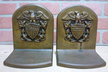 Load image into Gallery viewer, Antique Brass American Eagle Shield Crest Anchors Navy Decorative Art Bookends
