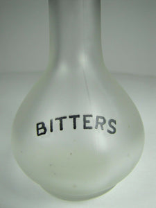Old BITTERS Frosted Glass Bottle w Black Detail Bar Pub Tavern Liquor Ad