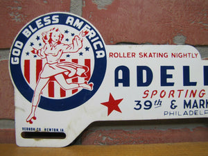 GOD BLESS AMERICA ADELPHIA ROLLER SKATING PHILA Old License Plate Topper Sign