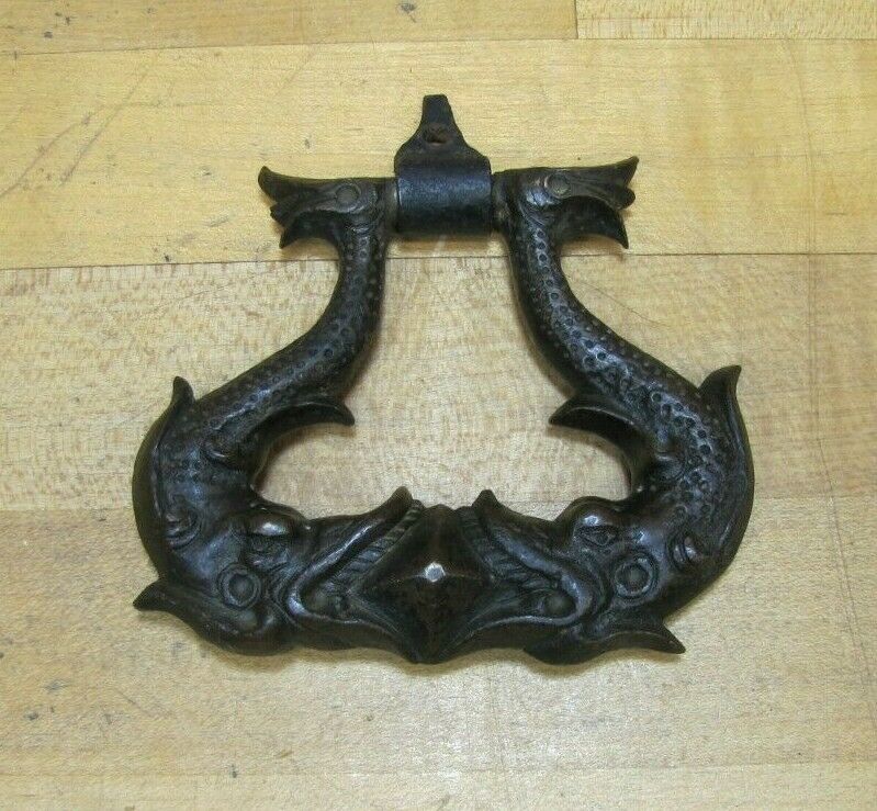 Antique Bronze Koi Dauphin Devil Fish Door Knocker Pull Ornate Hardware Element