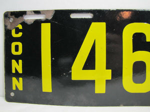 Antique Porcelain 1915 Connecticut License Plate - Conn 14696 - black yellow