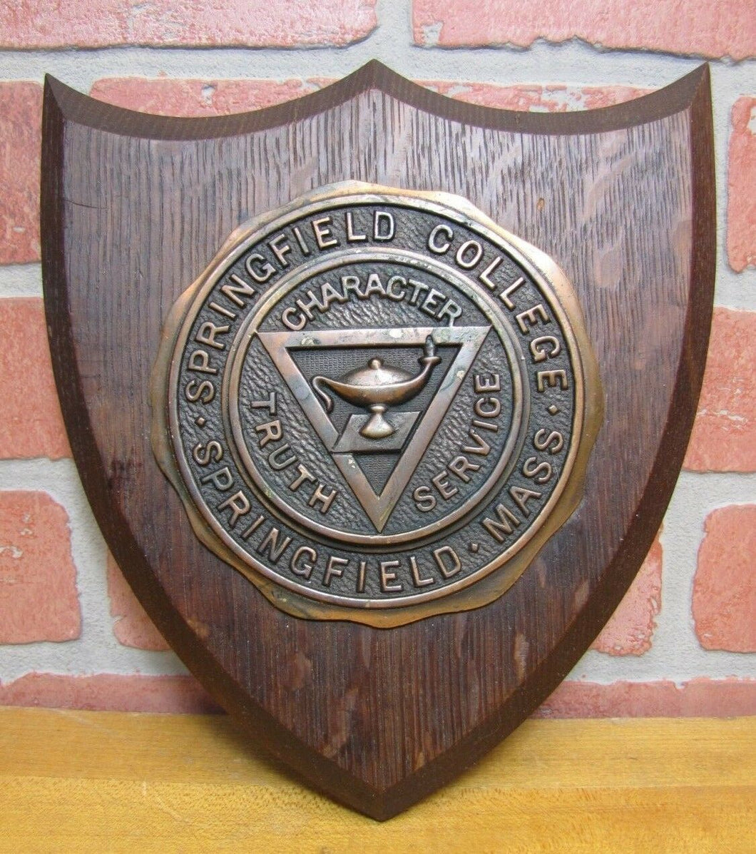 Old SPRINGFIELD COLLEGE MASS Plaque Sign CHARACTER TRUTH SERVICE Wood Metal