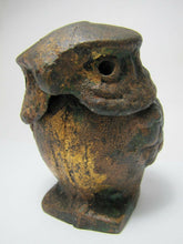 Load image into Gallery viewer, OId Cast Iron Owl Incense Burner old gold paint ornate detailed feathers eyes
