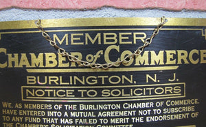 1924 BURLINGTON NJ NOTICE TO SOLICITORS CHAMBER of COMMERCE Old Brass Ad Sign