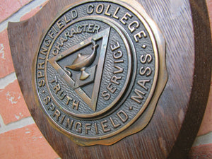 Old SPRINGFIELD COLLEGE MASS Plaque Sign CHARACTER TRUTH SERVICE Wood Metal