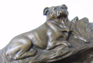 Antique Bronze Bulldog Tray Ashtray ornate old high relief card tip trinket