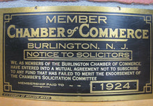 Load image into Gallery viewer, 1924 BURLINGTON NJ NOTICE TO SOLICITORS CHAMBER of COMMERCE Old Brass Ad Sign

