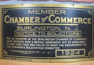 1924 BURLINGTON NJ NOTICE TO SOLICITORS CHAMBER of COMMERCE Old Brass Ad Sign