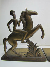 Load image into Gallery viewer, Orig Old Art Deco Stylized Horse Rider Bookends cast iron brass bronze wash mod
