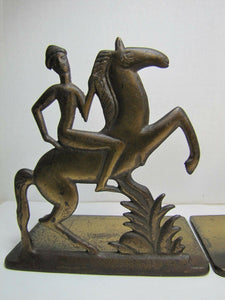 Orig Old Art Deco Stylized Horse Rider Bookends cast iron brass bronze wash mod