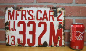 1913 Porcelain NEW JERSEY MANUFACTURER LICENSE PLATE NJ 13 MFR'S CAR 2 332M RHTF