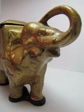 Load image into Gallery viewer, Old Cast Iron Elephant Cigarette Dispenser &#39;pat pend&#39; tail roller orig gold blk
