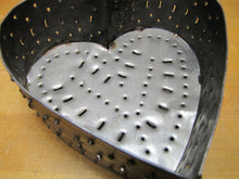 Load image into Gallery viewer, Vtg Tin Heart Shape Cheese Mold Strainer punched metal three footed top handle
