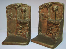 Load image into Gallery viewer, LIONS HEAD FOUNTAIN Well Landscape Antique Cast Iron Bookends Old Gold Paint
