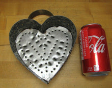 Load image into Gallery viewer, Vtg Tin Heart Shape Cheese Mold Strainer punched metal three footed top handle
