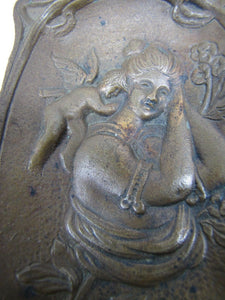 MAIDEN CHERUB FLOWERS Antique Decorative Arts Bronze Tray Card Tip Trinket