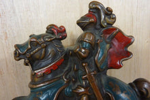 Load image into Gallery viewer, 1920s KNIGHT ARMOUR HORSE Bronze Clad Bookend Doorstop Decorative Art Statue
