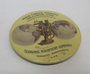 Antique ECONOMIC MACHINERY Co WORCESTER MASS USA Ad Mirror WORLD LABELER IMP JR