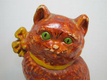 Load image into Gallery viewer, Old Cast Iron Cat Doorstop orange green eyed kitten detailed door stopper
