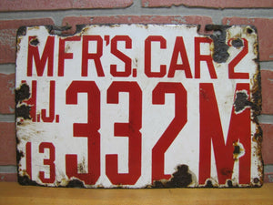 1913 Porcelain NEW JERSEY MANUFACTURER LICENSE PLATE NJ 13 MFR'S CAR 2 332M RHTF