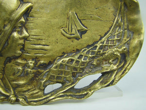 Maiden Bonnet Sailing Ship Ocean Fish Old Brass Tray Ashtray Card Tip Trinket