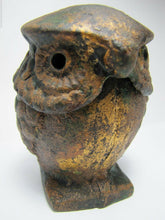 Load image into Gallery viewer, OId Cast Iron Owl Incense Burner old gold paint ornate detailed feathers eyes
