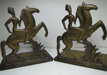 Load image into Gallery viewer, Orig Old Art Deco Stylized Horse Rider Bookends cast iron brass bronze wash mod
