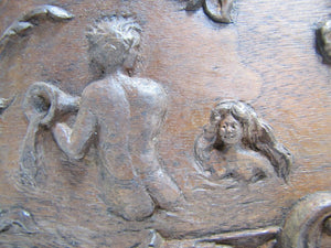 Antique Art Nouveau Nude Maiden Dauphin Fish Cherub Wood Carved Art Plaque exq