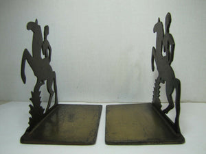 Orig Old Art Deco Stylized Horse Rider Bookends cast iron brass bronze wash mod