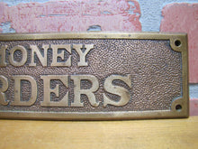 Load image into Gallery viewer, Old Brass MONEY ORDERS Sign Bevel Edge Embossed Bank Store Advertising
