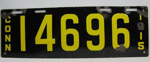 Antique Porcelain 1915 Connecticut License Plate - Conn 14696 - black yellow