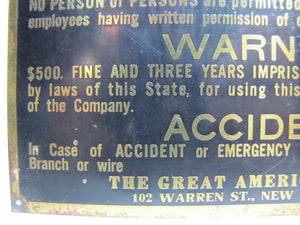 GREAT AMERICAN TEA Co Old Brass Sign NO PERSONS PERMITTED TO RIDE IN CAR