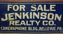 Load image into Gallery viewer, JENKINSON REALTY Co CAMERAPHONE Bldg BELLEVUE PA Old Embossed Tin Ad Sign
