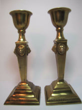 Load image into Gallery viewer, LIONS HEAD Brass Pair Decorative Arts Candlesticks Fluted 4 Sided Candle Holders
