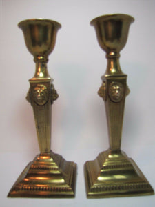 LIONS HEAD Brass Pair Decorative Arts Candlesticks Fluted 4 Sided Candle Holders