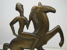 Load image into Gallery viewer, Orig Old Art Deco Stylized Horse Rider Bookends cast iron brass bronze wash mod
