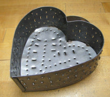 Load image into Gallery viewer, Vtg Tin Heart Shape Cheese Mold Strainer punched metal three footed top handle
