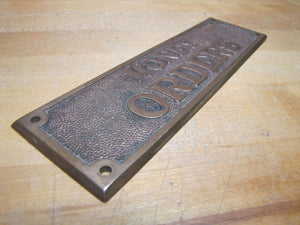 Old Brass MONEY ORDERS Sign Bevel Edge Embossed Bank Store Advertising