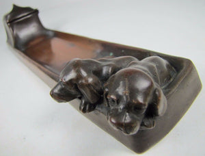 Antique Bronze Art Puppies Inkwell pair of detailed pups pen rest hinged lid