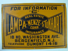 Load image into Gallery viewer, Antique LAMPA - MENZE - STUKHART Real Estate Insurance Sign # DUMONT 1416
