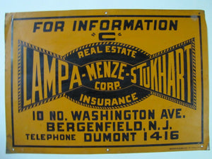 Antique LAMPA - MENZE - STUKHART Real Estate Insurance Sign # DUMONT 1416