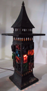 Mid Century Chunk Glass Lamp Multi Color Tin Tiered Top Decorative Art Light