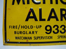 Load image into Gallery viewer, MICHIGAN ALARM Old Embossed Tin Advertising Sign FIRE HOLD-UP BURGLARY WATCHMAN
