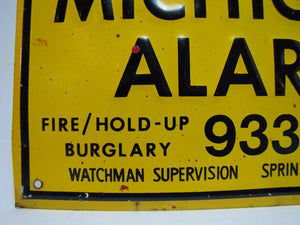 MICHIGAN ALARM Old Embossed Tin Advertising Sign FIRE HOLD-UP BURGLARY WATCHMAN