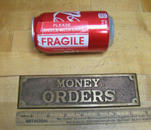 Load image into Gallery viewer, Old Brass MONEY ORDERS Sign Bevel Edge Embossed Bank Store Advertising
