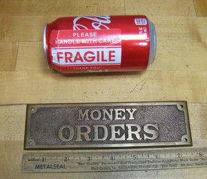 Old Brass MONEY ORDERS Sign Bevel Edge Embossed Bank Store Advertising