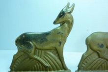 Load image into Gallery viewer, Antique Art Deco Cast Iron Antelope Deer Bookends original old gold book ends
