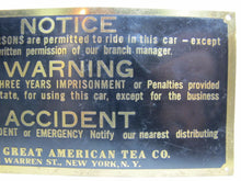 Load image into Gallery viewer, GREAT AMERICAN TEA Co Old Brass Sign NO PERSONS PERMITTED TO RIDE IN CAR
